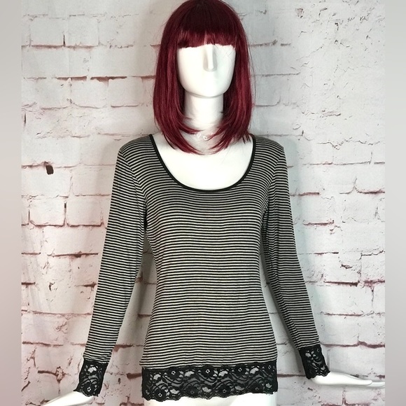 MAX STUDIO Black + Grey Stripe Black Lace Cuff + Hem long sleeve knit top SMALL - Picture 11 of 11